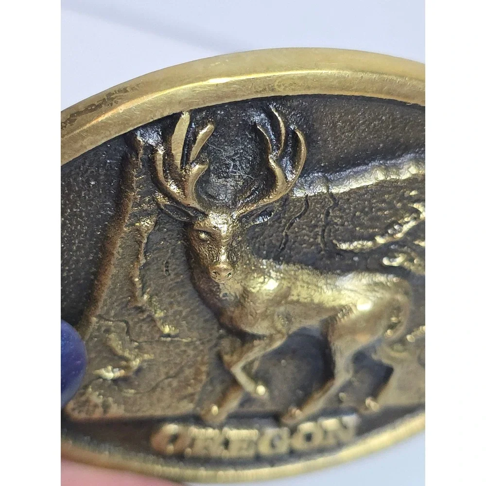 Vintage 1978 Oregon State Buck Deer Solid‎ Brass Belt Buckle Bergamot Franklin